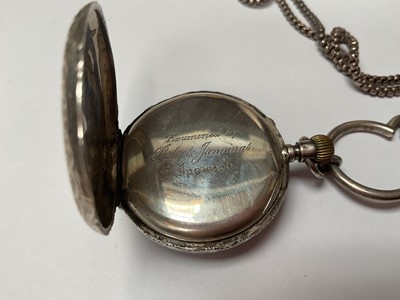 Lot 116 - Continental silver cased fob watch with silver and gilt decorated dial, on a silver watch chain