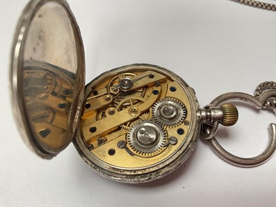 Lot 116 - Continental silver cased fob watch with silver and gilt decorated dial, on a silver watch chain