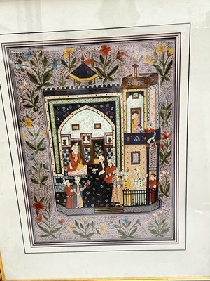Lot 5288 - Indo-Persian gouache painting of figures in an interior, with foliate border, framed and glazed, 53cm x 39cm