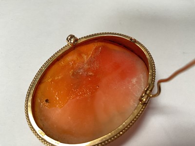 Lot 119 - Carved shell cameo brooch depicting a classical female bust in 9ct gold mount, together with a Victorian yellow metal propelling pencil (2)