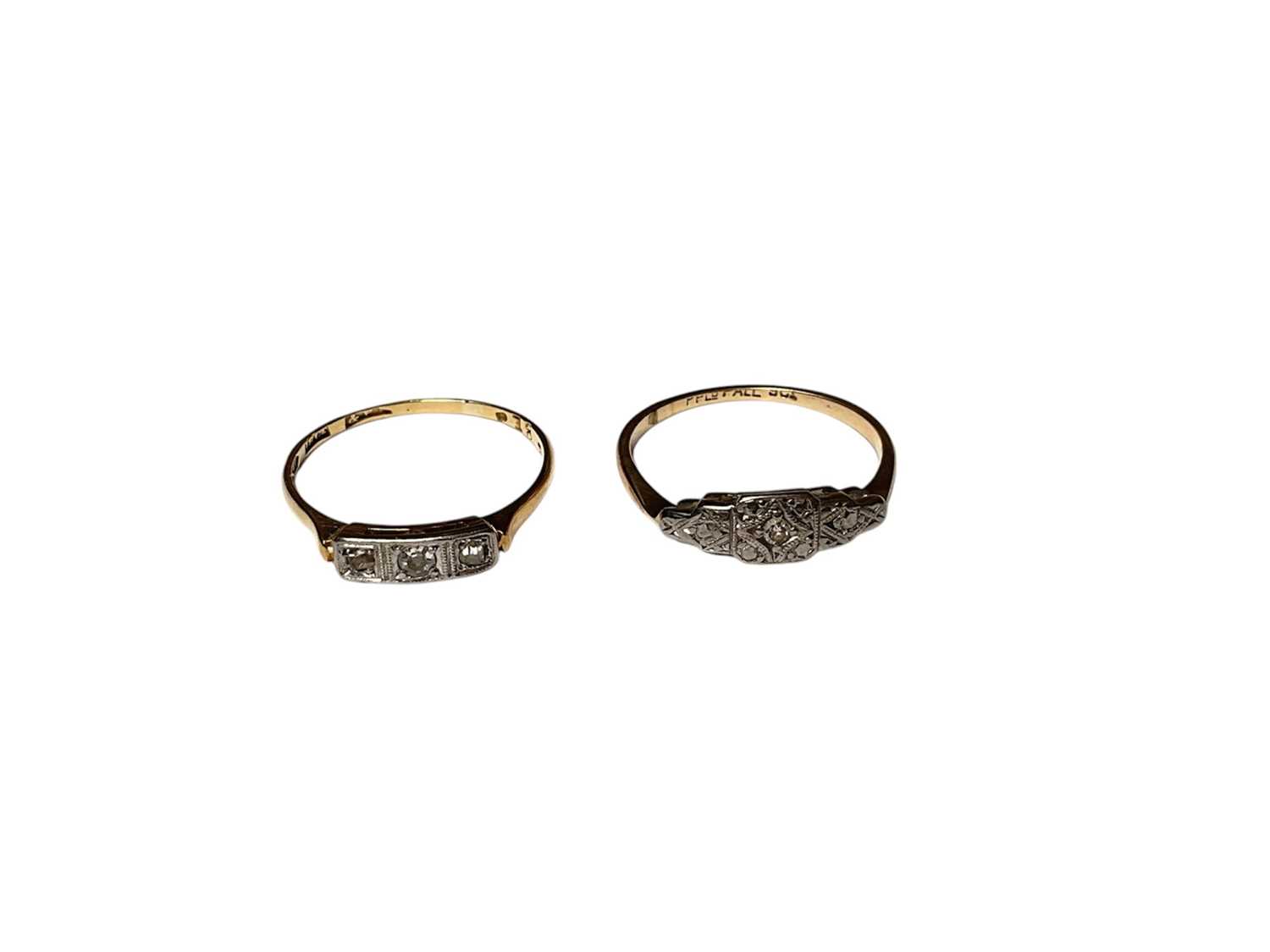 Lot 122 - Art Deco 18ct gold diamond three stone ring and a similar 9ct gold diamond set ring, both in platinum settings