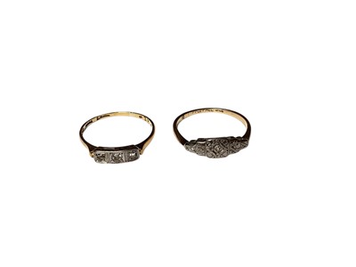 Lot 122 - Art Deco 18ct gold diamond three stone ring and a similar 9ct gold diamond set ring, both in platinum settings