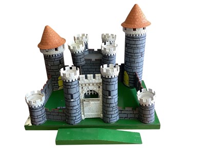 Lot 1838 - Vintage Triang Castle with cardboard and plastic turrets and walls, plus wooden base and ramp, original box (poor) (1)