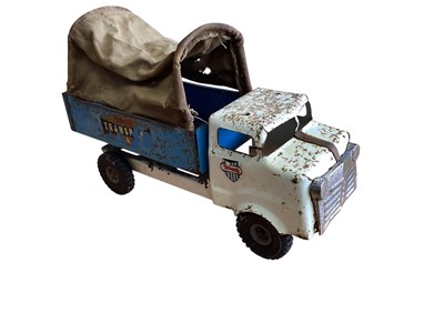 Lot 1840 - Vintage (c1960's) Triang Lorry with canvas cover and Cragstan Tin Friction Litho Armoured Car Savings Bank (2)