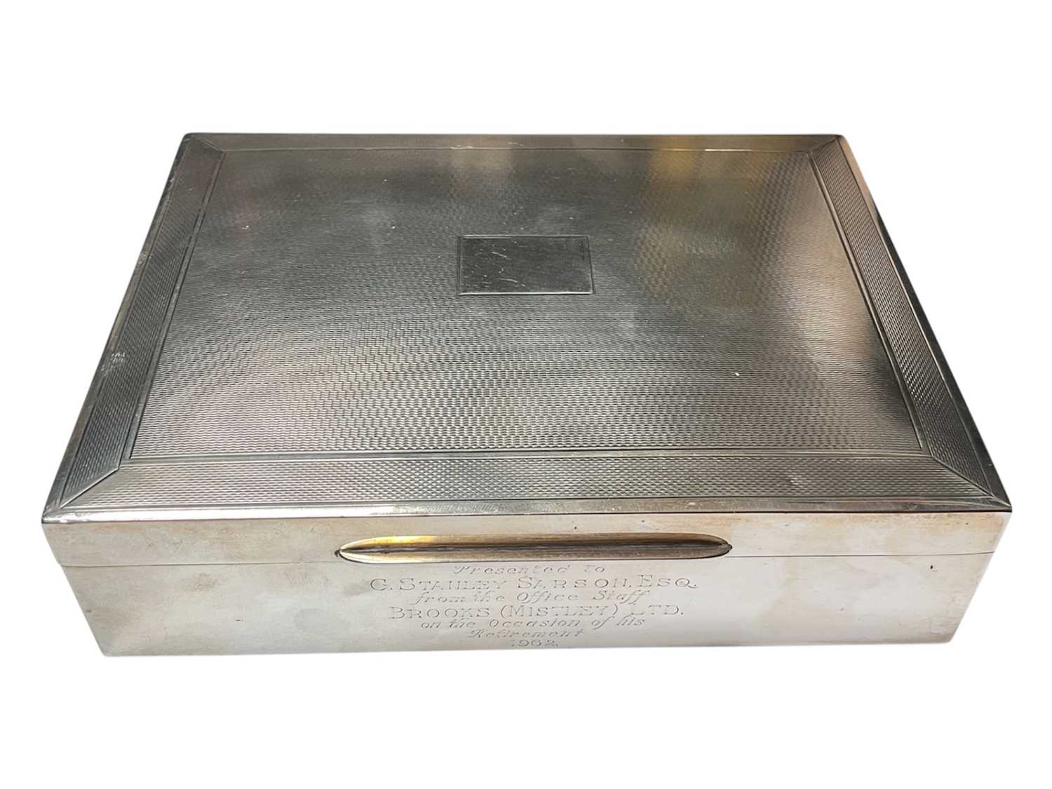 Lot 124 - Silver cigarette box with engine turned decoration and two division wood lined interior containing playing cards (Birmingham 1949), 15.5cm x 11.5cm x 4cm