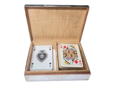 Lot 124 - Silver cigarette box with engine turned decoration and two division wood lined interior containing playing cards (Birmingham 1949), 15.5cm x 11.5cm x 4cm