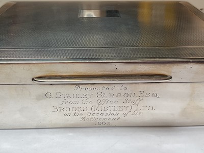 Lot 124 - Silver cigarette box with engine turned decoration and two division wood lined interior containing playing cards (Birmingham 1949), 15.5cm x 11.5cm x 4cm
