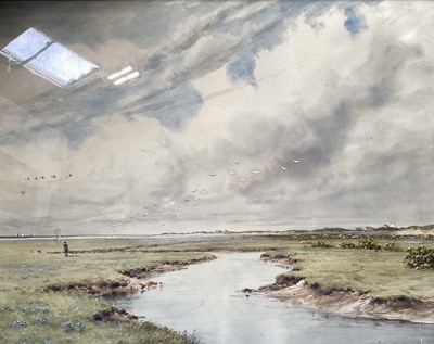 Lot 5218 - Large watercolour, duck shooting on the marshes, and other pictures