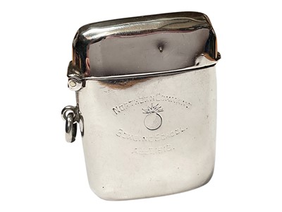 Lot 128 - Silver vesta case with presentation for the Nothern Command Bombing School, August 1918, Yorkshire Regiment, (Birmingham 1917) maker Pearce & Son Leeds.
