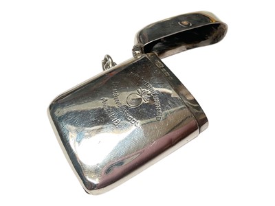 Lot 128 - Silver vesta case with presentation for the Nothern Command Bombing School, August 1918, Yorkshire Regiment, (Birmingham 1917) maker Pearce & Son Leeds.