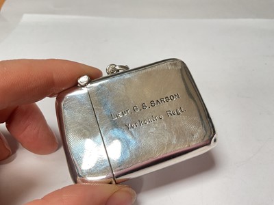 Lot 128 - Silver vesta case with presentation for the Nothern Command Bombing School, August 1918, Yorkshire Regiment, (Birmingham 1917) maker Pearce & Son Leeds.