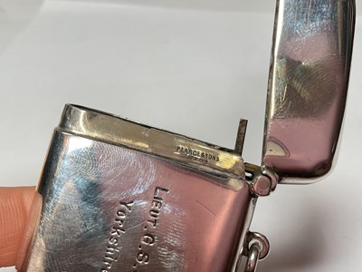 Lot 128 - Silver vesta case with presentation for the Nothern Command Bombing School, August 1918, Yorkshire Regiment, (Birmingham 1917) maker Pearce & Son Leeds.