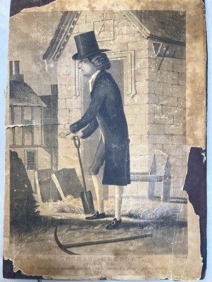 Lot 5208 - Group of mostly antique prints, including a view of Dergou, a hand coloured print of 'The Trusty Servant' of Winchester College, framed bond certificates, etc