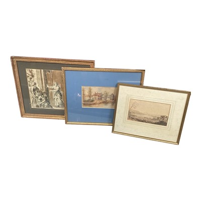 Lot 5244 - Antique pencil and wash study of a classical scene, together with a group of watercolours (5)