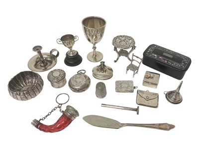 Lot 3 - Group of miniature silver items to include trinket boxes, sovereign case, stamp case in the form of an envelope, Victorian viniagarette, trophies, table and chair ornaments, chamber stick etc, t...