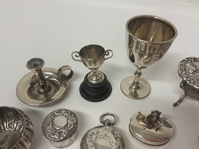 Lot 3 - Group of miniature silver items to include trinket boxes, sovereign case, stamp case in the form of an envelope, Victorian viniagarette, trophies, table and chair ornaments, chamber stick etc, t...