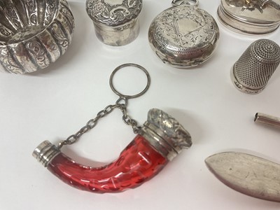 Lot 3 - Group of miniature silver items to include trinket boxes, sovereign case, stamp case in the form of an envelope, Victorian viniagarette, trophies, table and chair ornaments, chamber stick etc, t...