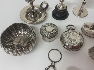 Lot 3 - Group of miniature silver items to include trinket boxes, sovereign case, stamp case in the form of an envelope, Victorian viniagarette, trophies, table and chair ornaments, chamber stick etc, t...