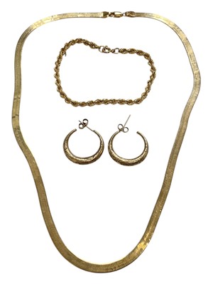 Lot 89 - 9ct gold snake link necklace, 9ct gold rope twist bracelet and a pair of 9ct gold hoop earrings