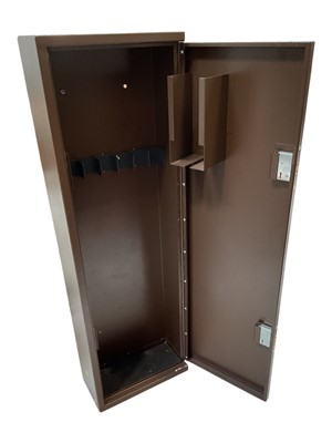 Lot 5338 - Brown metal gun cabinet with space for 7 guns, 127.5cm x 40.5cm x 20.5cm