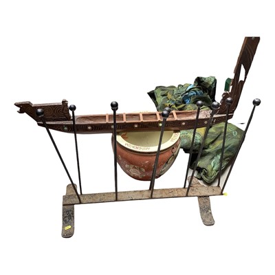 Lot 5232 - Pair of curtains, boot rack, carved Viking long boat and a Chinese jardinière