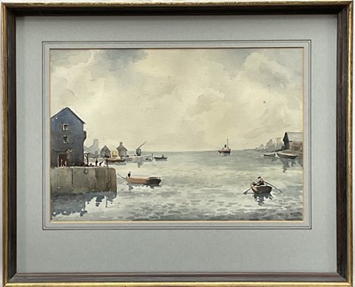 Lot 14 - English School, 20th century, watercolour, Erith Harbour, Kent, signed indistinctly, 24cm x 35cm, mounted in glazed frame