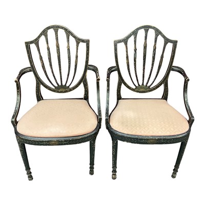 Lot 1448 - Pair of George III shield back polychrome painted elbow chairs and two low painted tables
