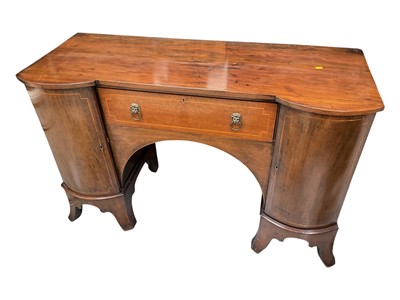 Lot 5344 - Edwardian mahogany sideboard with string banded inlay, the plain front flanked by two bow fronted cupboards on splayed feet, 138.5cm wide x 56cm deep x 87cm high
