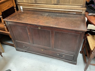 Lot 5377 - 18th century oak blanket box with panel front and single drawer, the top and front both opening, 124cm wide x 51cm deep x 74cm high