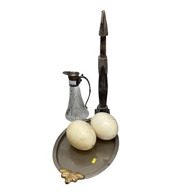 Lot 5248 - Sundry items, including an African carved wooden tribal figure, a silver plated and cut glass jug, tray, and two ostrich eggs