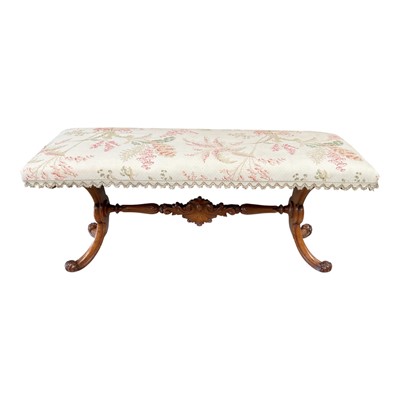Lot 1380 - Fine quality Victorian solid walnut duet stool, the scroll end supports joined by carved stretcher