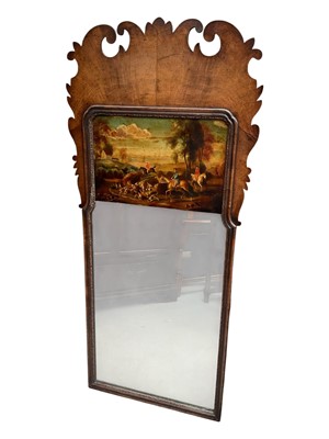 Lot 5350 - George I style walnut fretwork mirror with reverse painted hunting scene, 105cm x 48cm