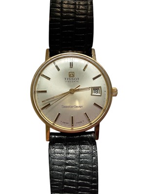 Lot 264 - Tissot Visodate Seastar Seven gold cased wristwatch on black leather strap. Case diameter 33mm