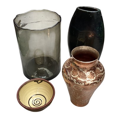 Lot 5261 - Large coloured glass vase together with a studio pottery case and others