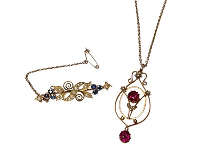 Lot 41 - Edwardian 9ct gold seed pearl and pink stone open work pendant on 9ct gold chain, togther with an Edwardian 15ct gold sapphire and seed pearl bar brooch