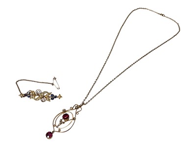Lot 41 - Edwardian 9ct gold seed pearl and pink stone open work pendant on 9ct gold chain, togther with an Edwardian 15ct gold sapphire and seed pearl bar brooch