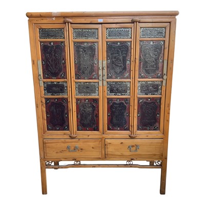 Lot 5353 - Large Chinese elm cabinet with three shelves, four small drawers and two large, with scroll ornament, 183cm high x 132.5cm wide x 53.5cm deep