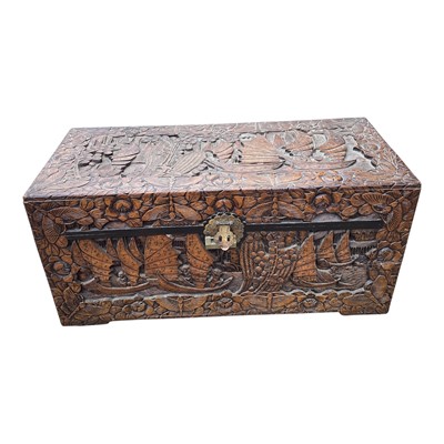 Lot 5355 - Chinese carved camphor wood chest, 94cm wide x 45cm x 45cm tall