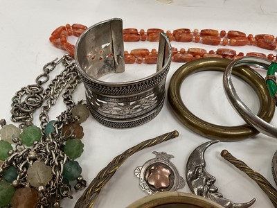 Lot 80 - Group of costume jewellery including white metal bangles, various beads, glass and gilt metal trinket box and other bijouterie