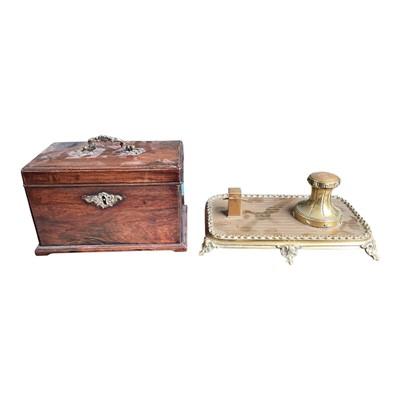 Lot 5274 - George III mahogany tea caddy with missing interior together with a brass ink well stand, brass wall sconce