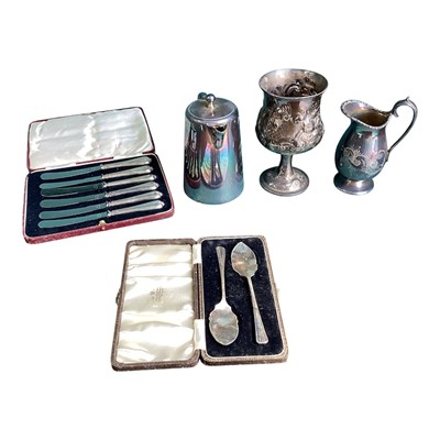 Lot 5275 - Victorian silver goblet together with a pair of silver spoons, set of silver handled butter knives, silver plated coffee pot and a plated jug