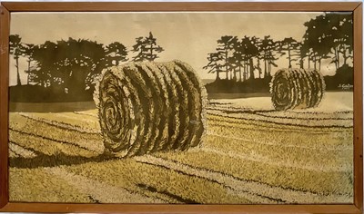 Lot 31 - John Cator, Batik, 20th century, print on linen, Round Bales, 42cm x 75cm, framed