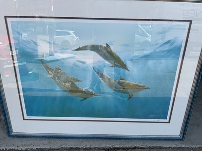 Lot 5294 - Gary Hodges, signed limited edition print of African Elephants, together with a Fraser May signed print of dolphins and a Peter Scott signed print of a whale (3)