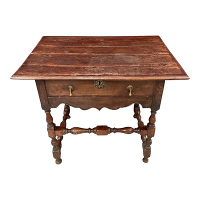 Lot 1393 - Good late 17th century oak and fruitwood crossbanded single drawer side table, with turned and block understructure