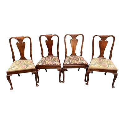 Lot 1398 - Set of four Queen Anne walnut side chairs, with solid splat back