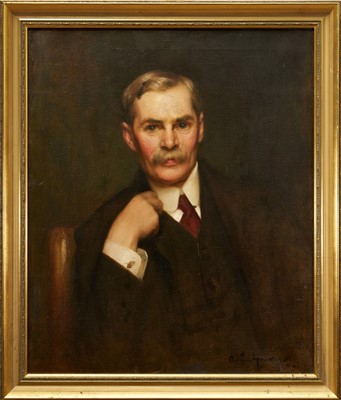 Lot 1147 - Arthur Hacker (1858-1919) oil on canvas, half length portrait of a gentleman titled verso as Arthur Japp, signed and dated 1914, 78 x 62cm, gilt frame