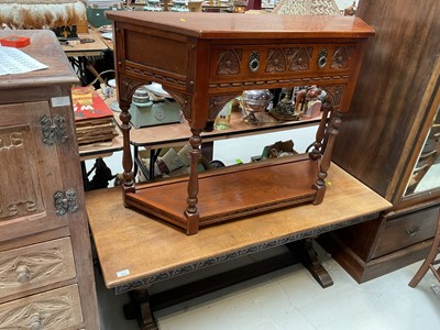 Lot 5369 - Oak coffee table with baluster legs and stretcher, 133cm long x 56cm wide x 54.5cm high, together with two side tables, a fire screen