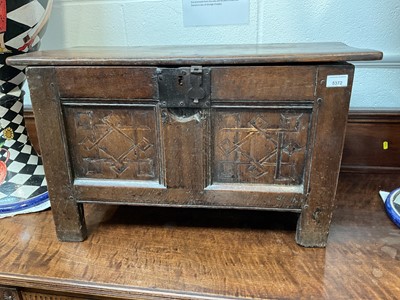 Lot 5372 - Small 17th/18th century oak coffer, with inlaid geometric decoration and notched edges, the interior with candle box, 76cm wide x 45cm high x 35cm deep