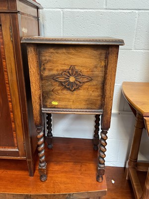 Lot 5382 - Edwardian oak sewing box on barley twist legs, with floral motif, 76cm high x 36.5cm wide