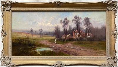 Lot 303 - Sidney James Johnson (act 1890 - 1926), oil on canvas, A rural landscape, signed and dated 1902, 29cm x 59cm, gilt frame